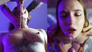 Tini szájával nyaldossa a fasza édes édes ballsait, majd arcába spriccel a forró élvez