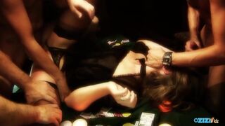 A csábító barna szépség dupla behatolást élvez pókerasztalon négyesben